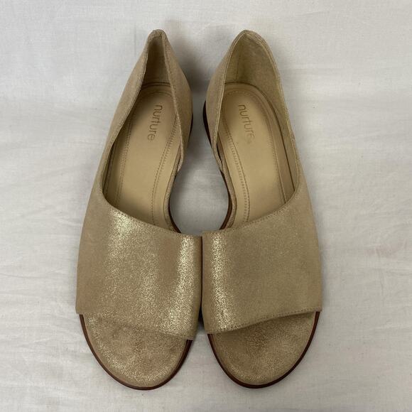 Nurture Shoes Womens 8 Gold Metallic Leather D'Orsay Peep Toe Flats PEYT Glam - Picture 3 of 14